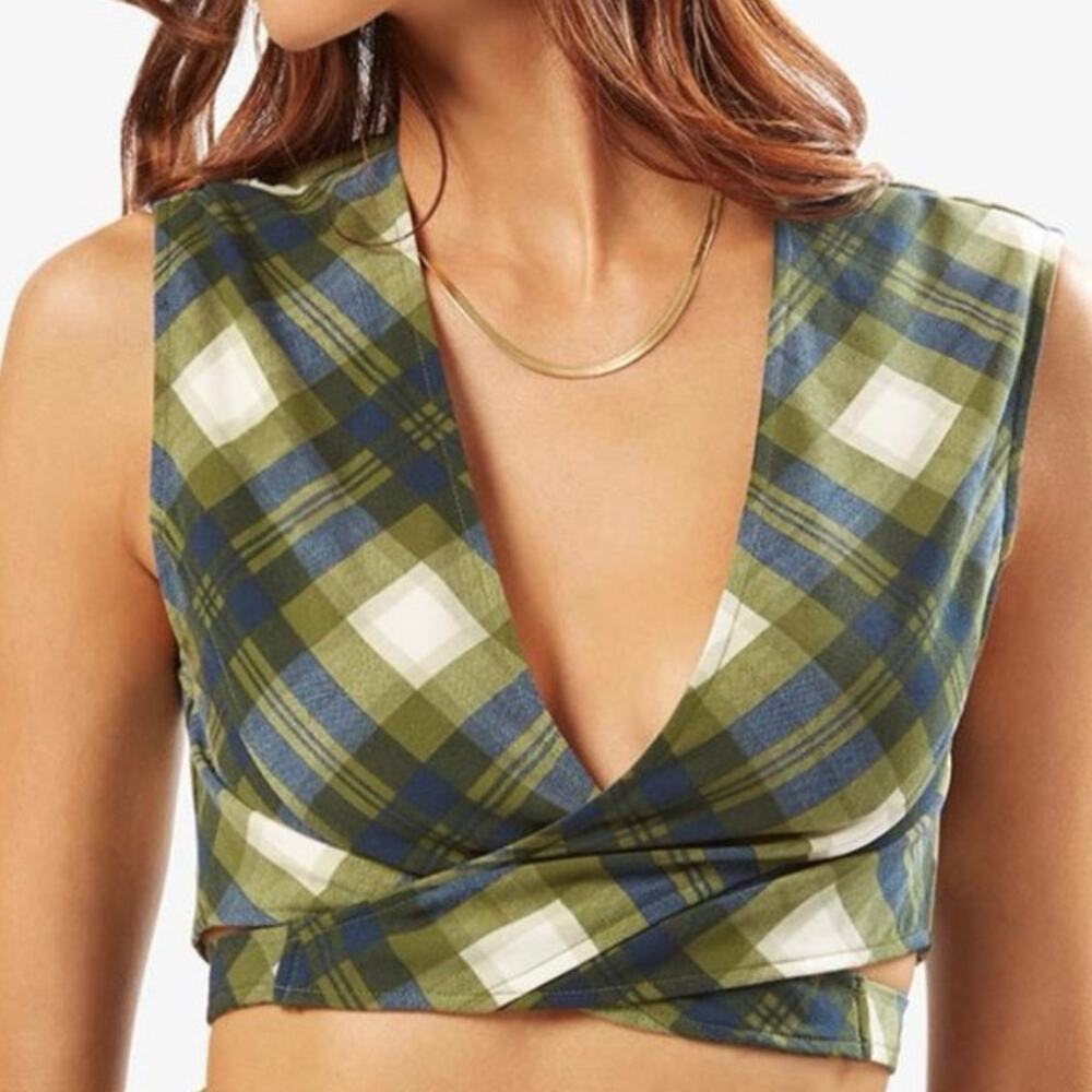 weworewhat tie back wrap top vintage plaid ywk basil multi large